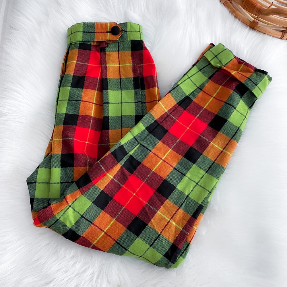Escada Laurel Plaid Pants Trousers Multicolor Checker Virgin Wool Green Orange